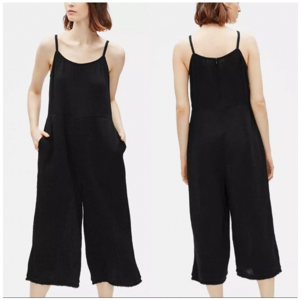 Eileen Fisher Jumpsuit Womens Large Black Lofty Gauze Organic Cotton Wide‎ Leg
